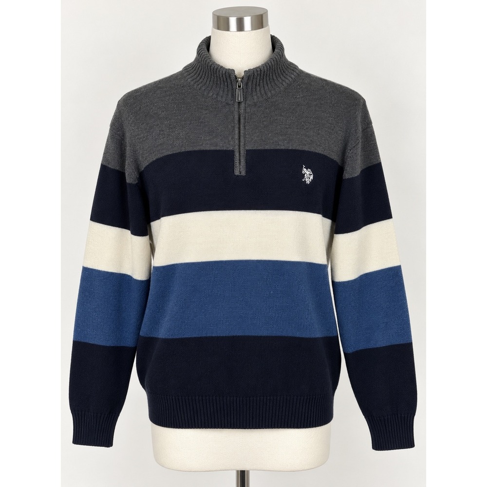 US Polo Assn Mens XL Quarter Zip Striped Sweater Sherpa Lined Mock Neck Blue